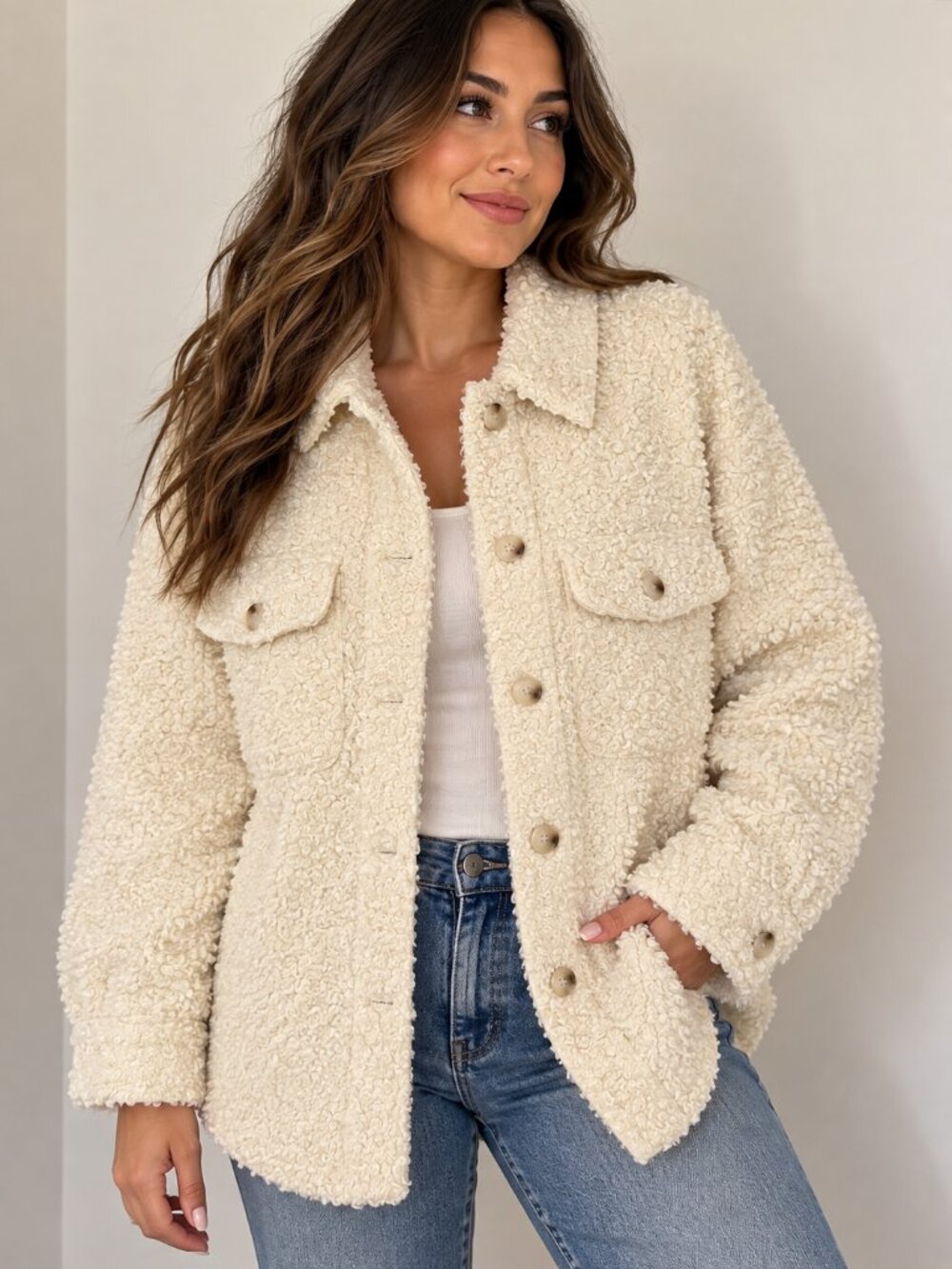 Polagram Cream Boucle Teddy Oversized Shacket Jacket Size M